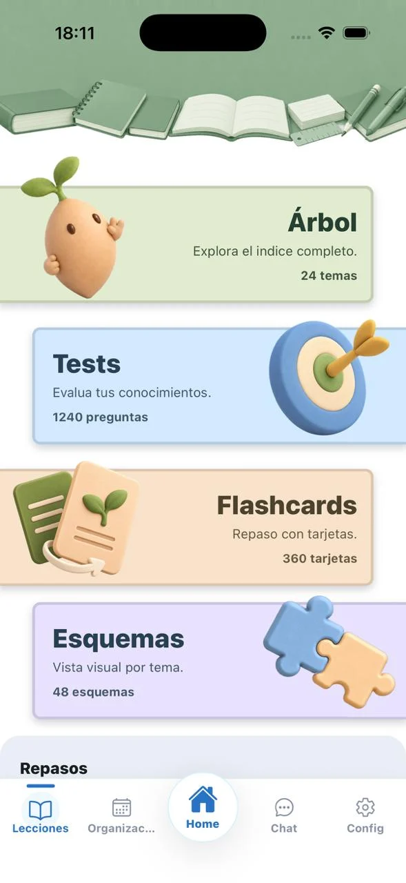Pantalla de OPO3 con árbol de contenidos, tests, flashcards y esquemas