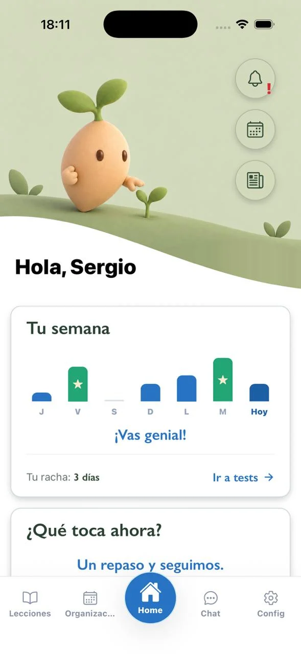 Pantalla de inicio de OPO3 con la semilla, actividad semanal y propuesta de repaso