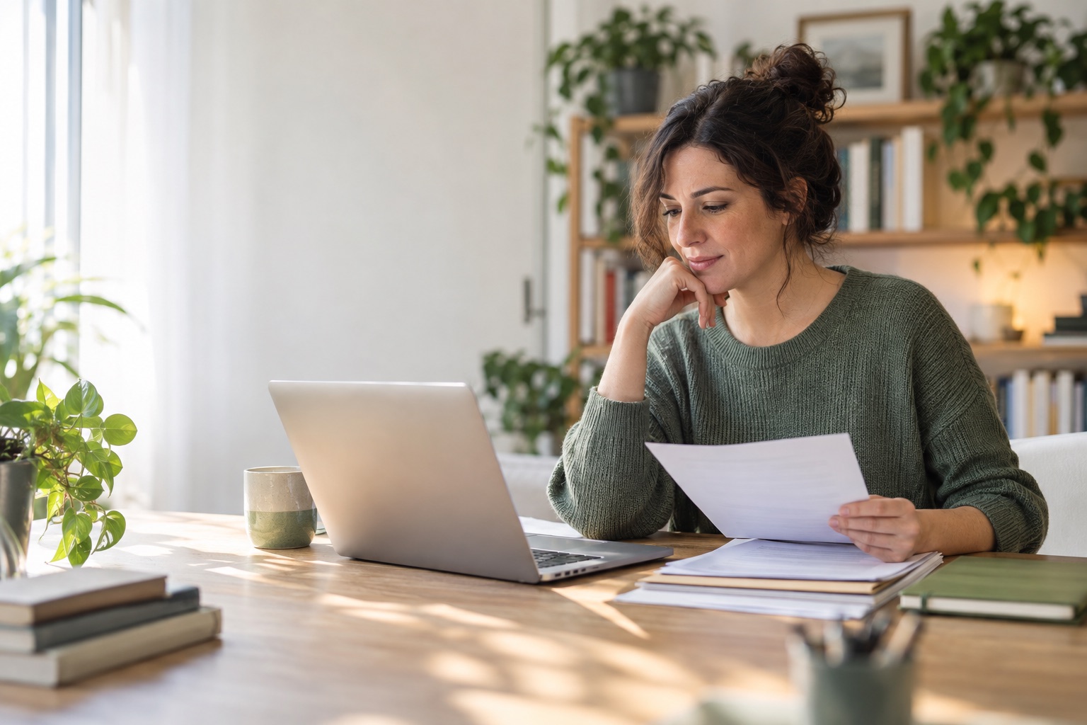 Persona revisando documentación de estudio y una solicitud en su mesa de trabajo