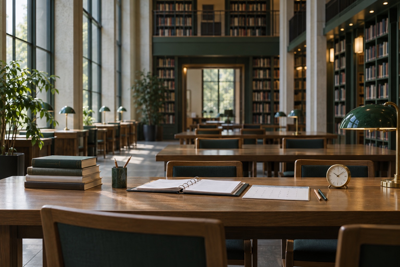 Mesa de biblioteca con libros, archivador, calendario y reloj para preparar un temario de oposiciones