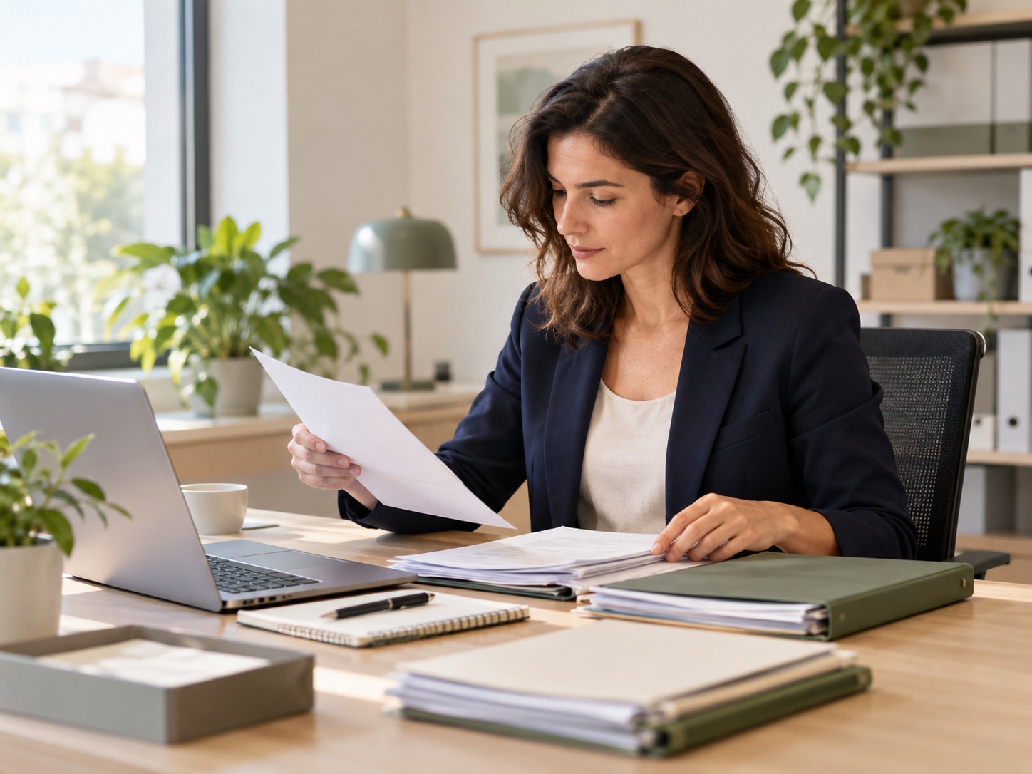 Profesional revisando documentación y carpetas en un espacio de trabajo administrativo.