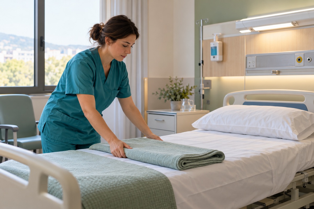 Auxiliar de enfermería preparando una cama en una habitación hospitalaria.