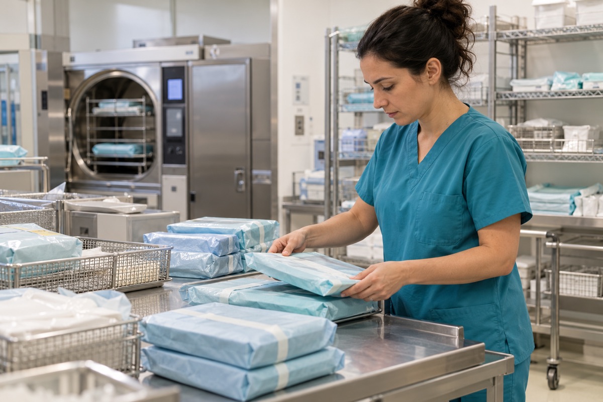 Auxiliar de enfermería organizando paquetes de material sanitario en una central de esterilización.