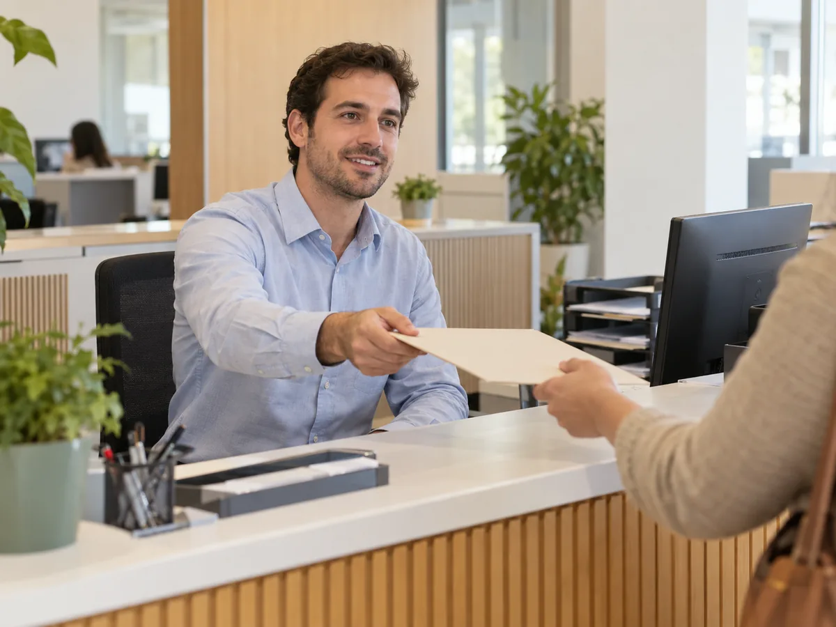 Personal administrativo atendiendo a una persona y entregándole una carpeta en una oficina.