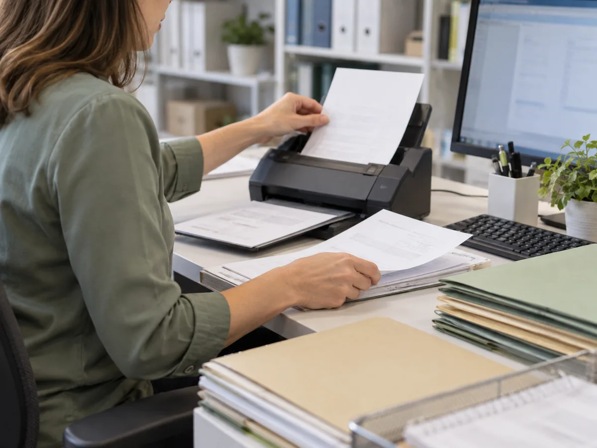 Profesional de oficina digitalizando documentos junto al ordenador y a varias carpetas de archivo.