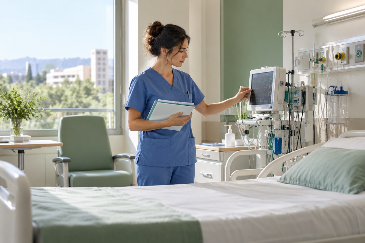 Enfermera revisando un monitor junto a una cama preparada en un hospital.