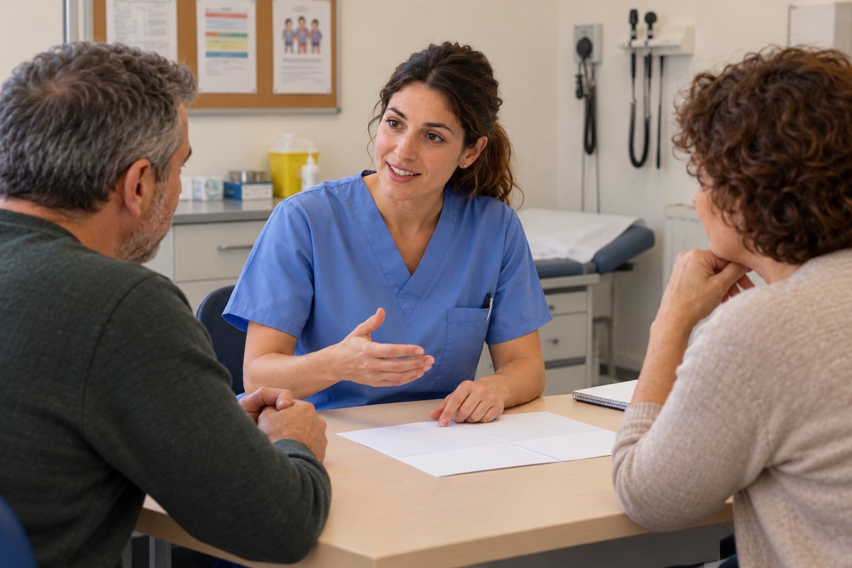 Enfermera explicando pautas de salud a dos personas en una consulta pública.