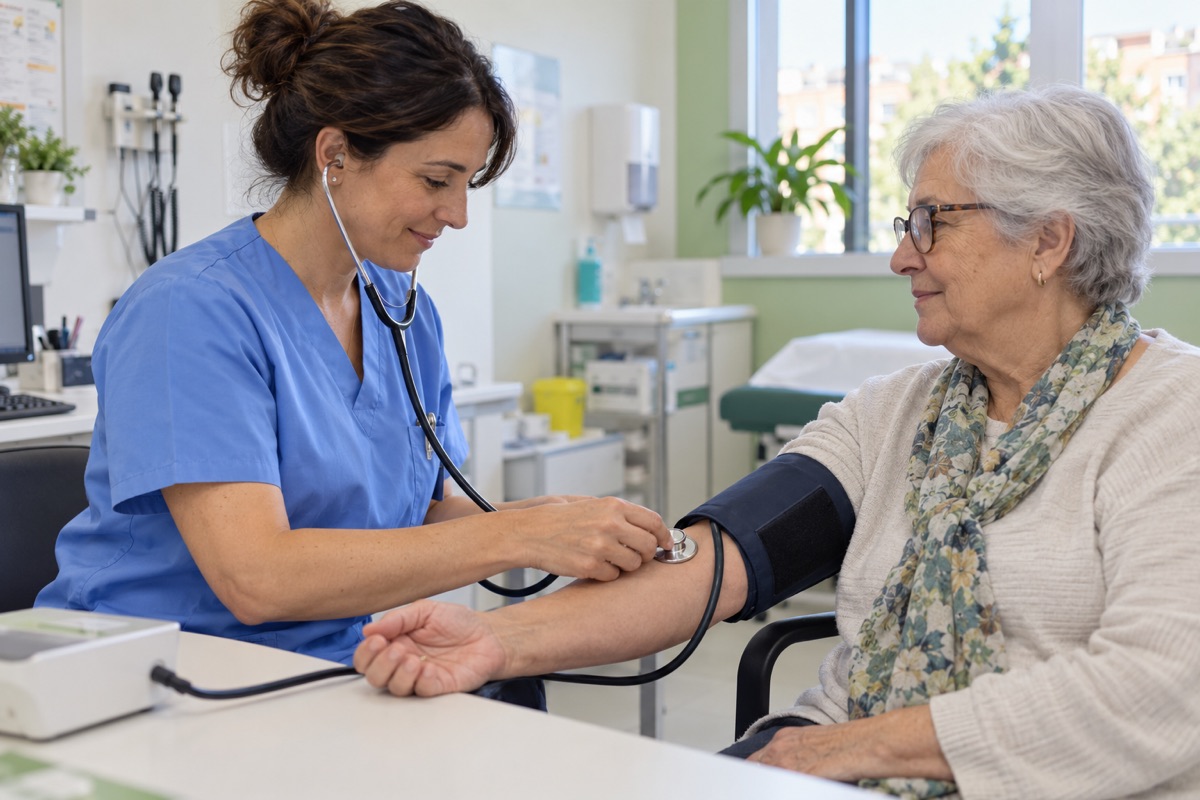 Enfermera de atención comunitaria midiendo la tensión arterial en una consulta.