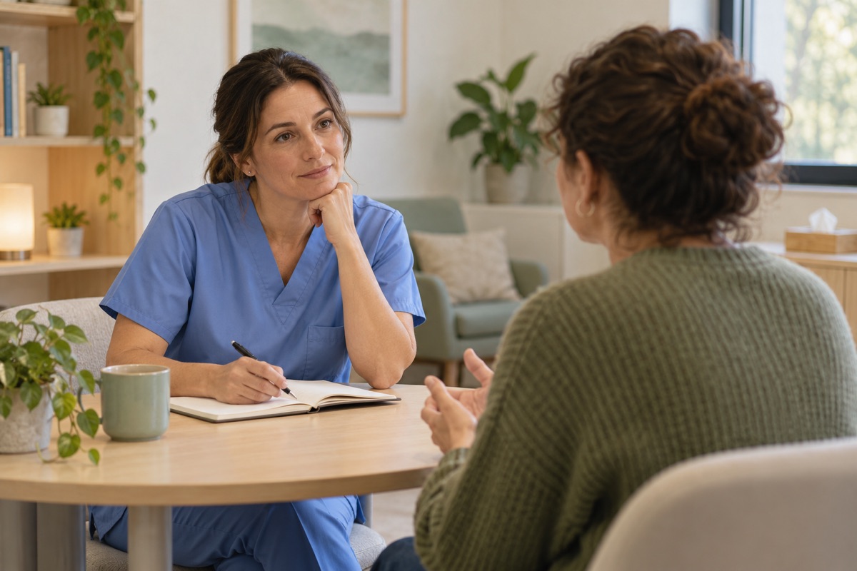 Enfermera de salud mental escuchando a una persona en una consulta sanitaria.