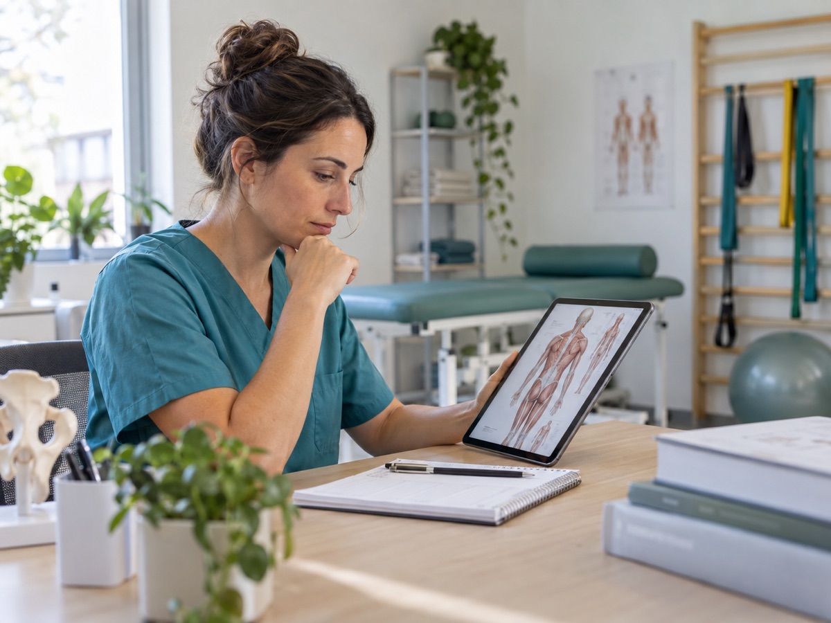 Fisioterapeuta revisando anatomía musculoesquelética en una consulta de rehabilitación.