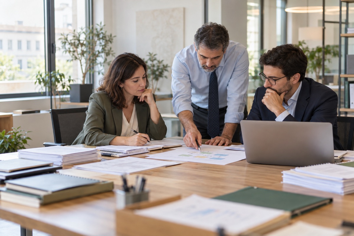 Tres profesionales revisan documentación y un diagrama en una mesa de trabajo.