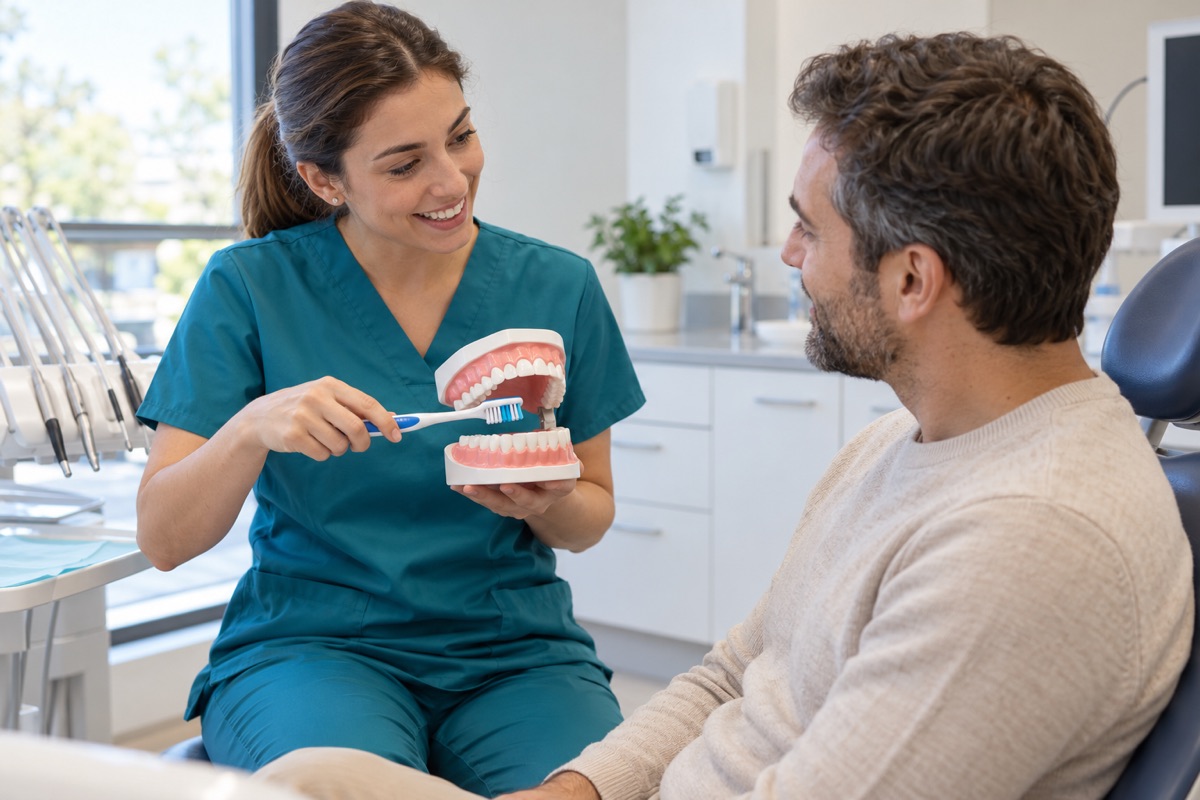 Profesional de higiene bucodental explicando una técnica de cepillado a una persona.