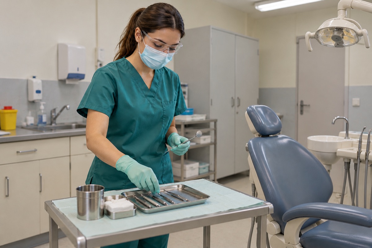 Higienista preparando instrumental en una consulta bucodental de un centro público.