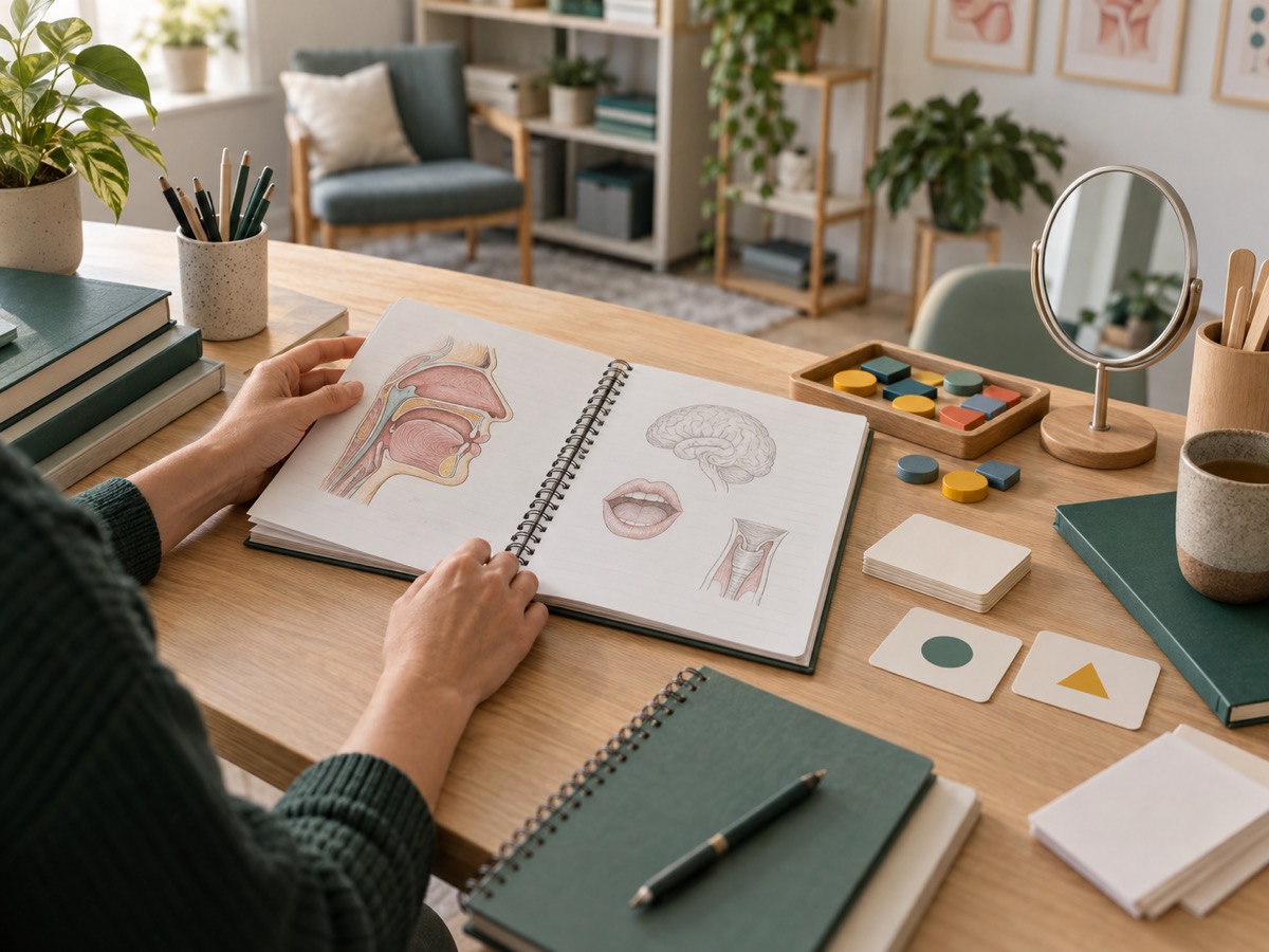 Materiales de estudio y planificación de logopedia organizados en una mesa de trabajo.