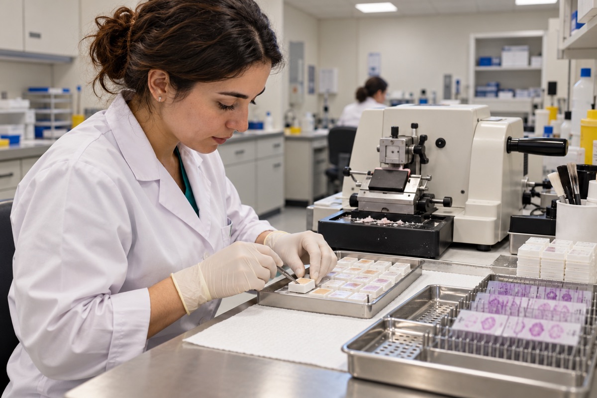 Técnica preparando bloques y portaobjetos junto a un microtomo en un laboratorio hospitalario.
