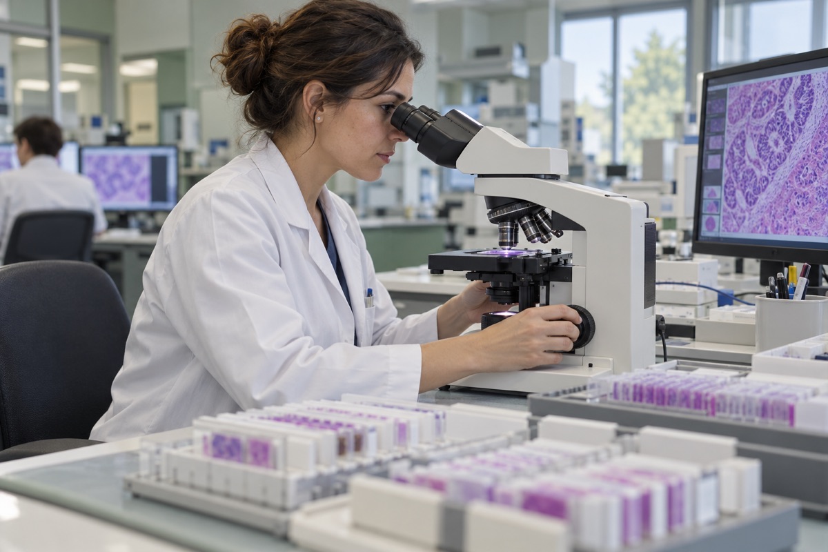 Técnica de Anatomía Patológica observando una preparación al microscopio.
