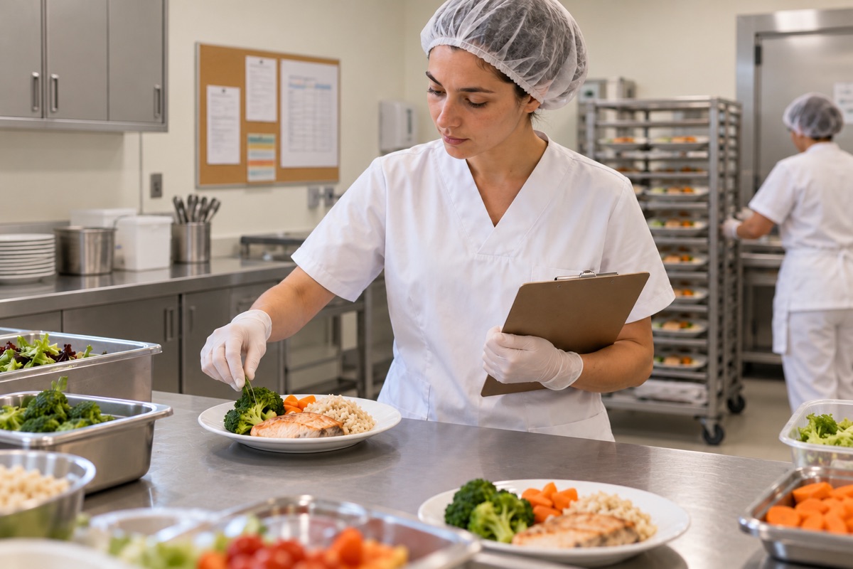 Profesional revisando la composición de una bandeja alimentaria en cocina hospitalaria.