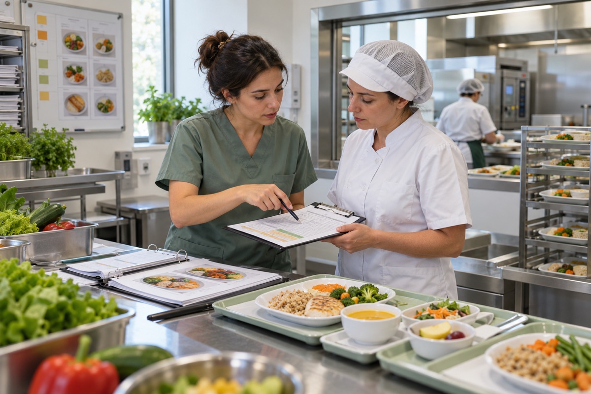 Personal de dietética planificando menús y dietas en un servicio hospitalario.