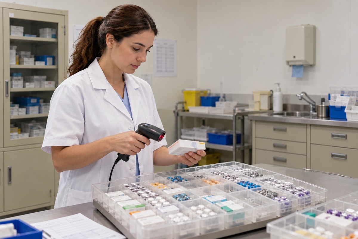 Profesional preparando y registrando dosis unitarias en una sala de farmacia hospitalaria.