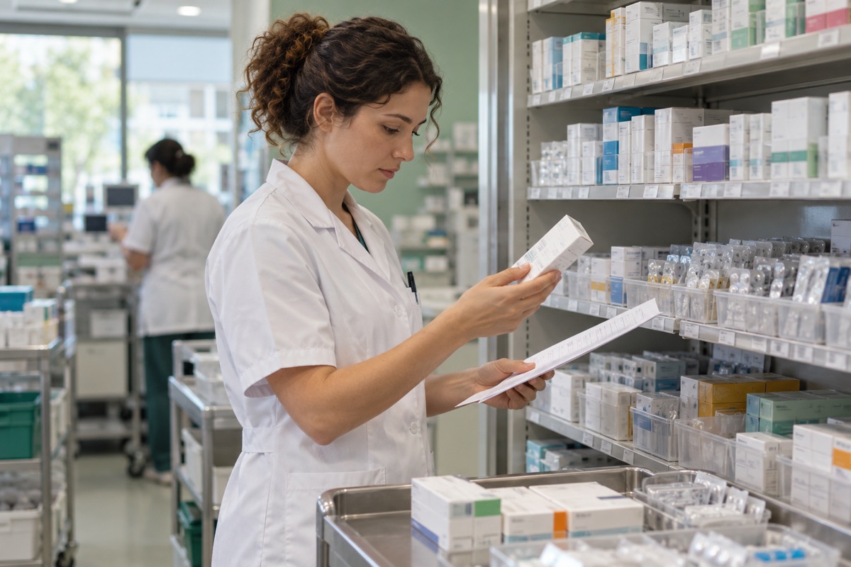 Profesional de farmacia hospitalaria revisando el inventario y la documentación de medicamentos.