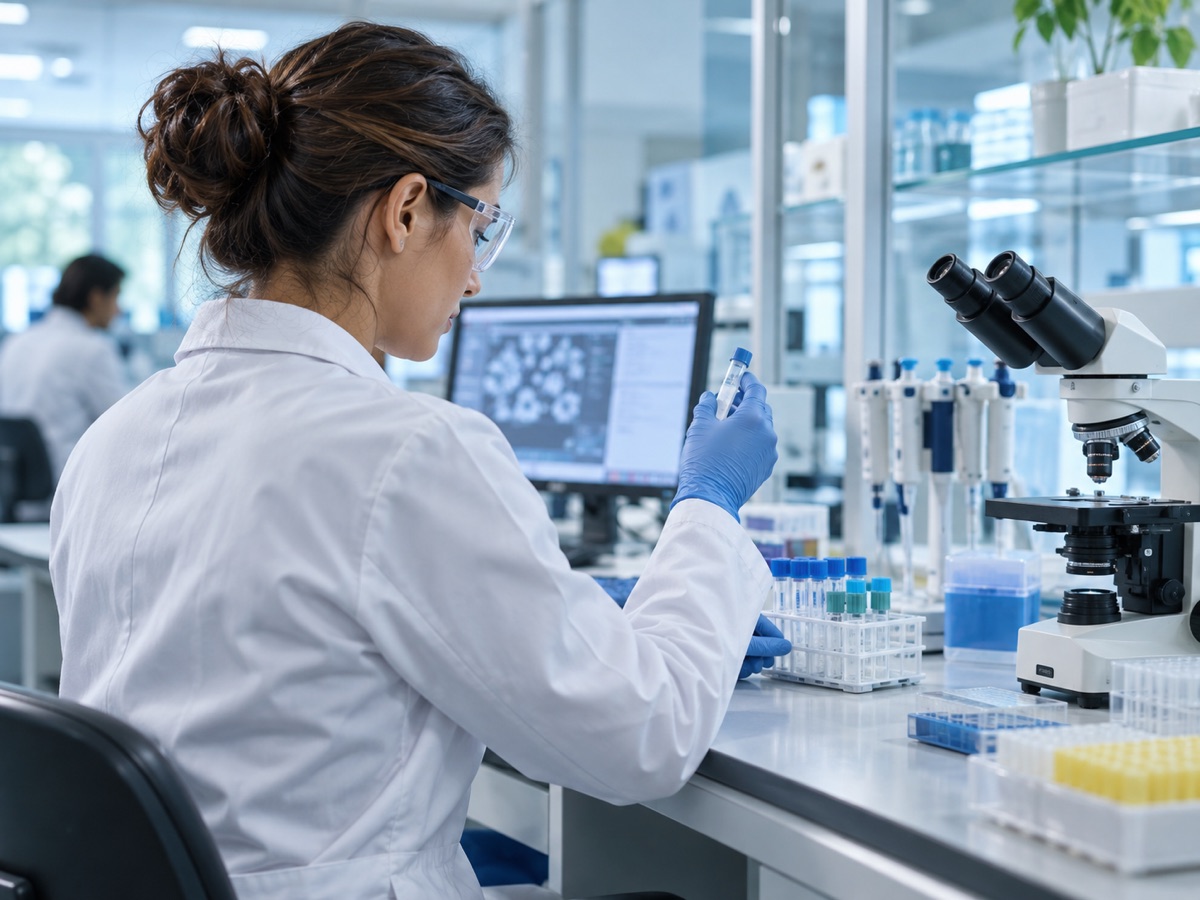 Técnica de laboratorio analizando tubos de muestras junto a un microscopio.