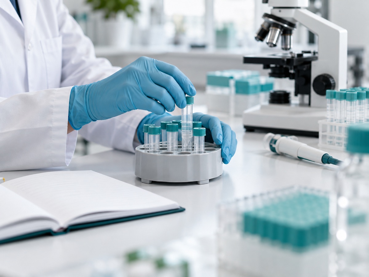 Manos con guantes organizando tubos de muestras en un laboratorio.